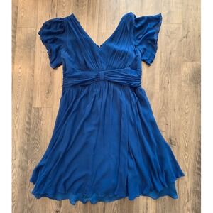 Women's sz 20W Royal Blue Chiffon Bow Waist V‎ Neck Flutter Sleeve Dress Wedding